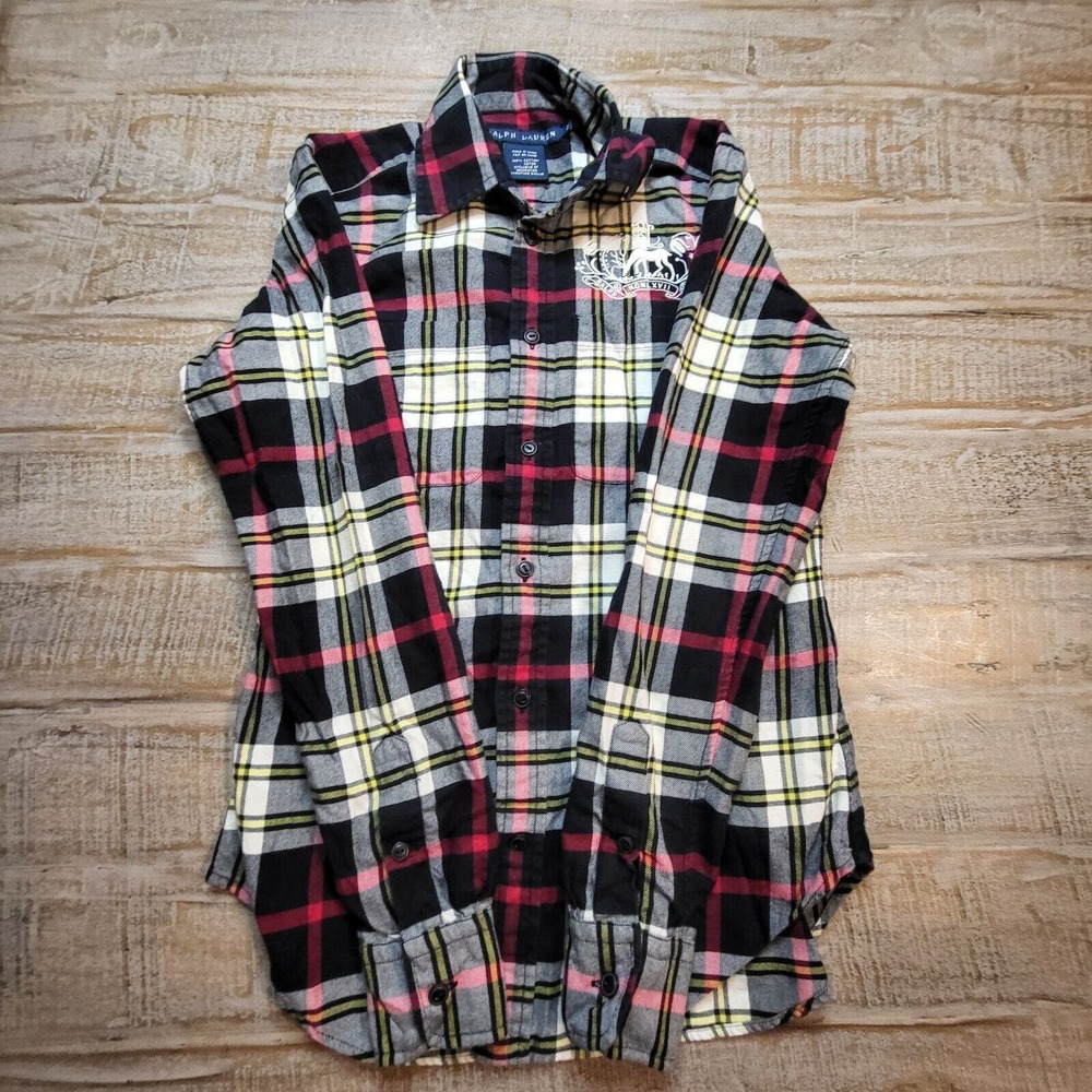 Ralph Lauren Womens Plaid Flannel Embroidered Crest Deer Sz 2 Slim Fit